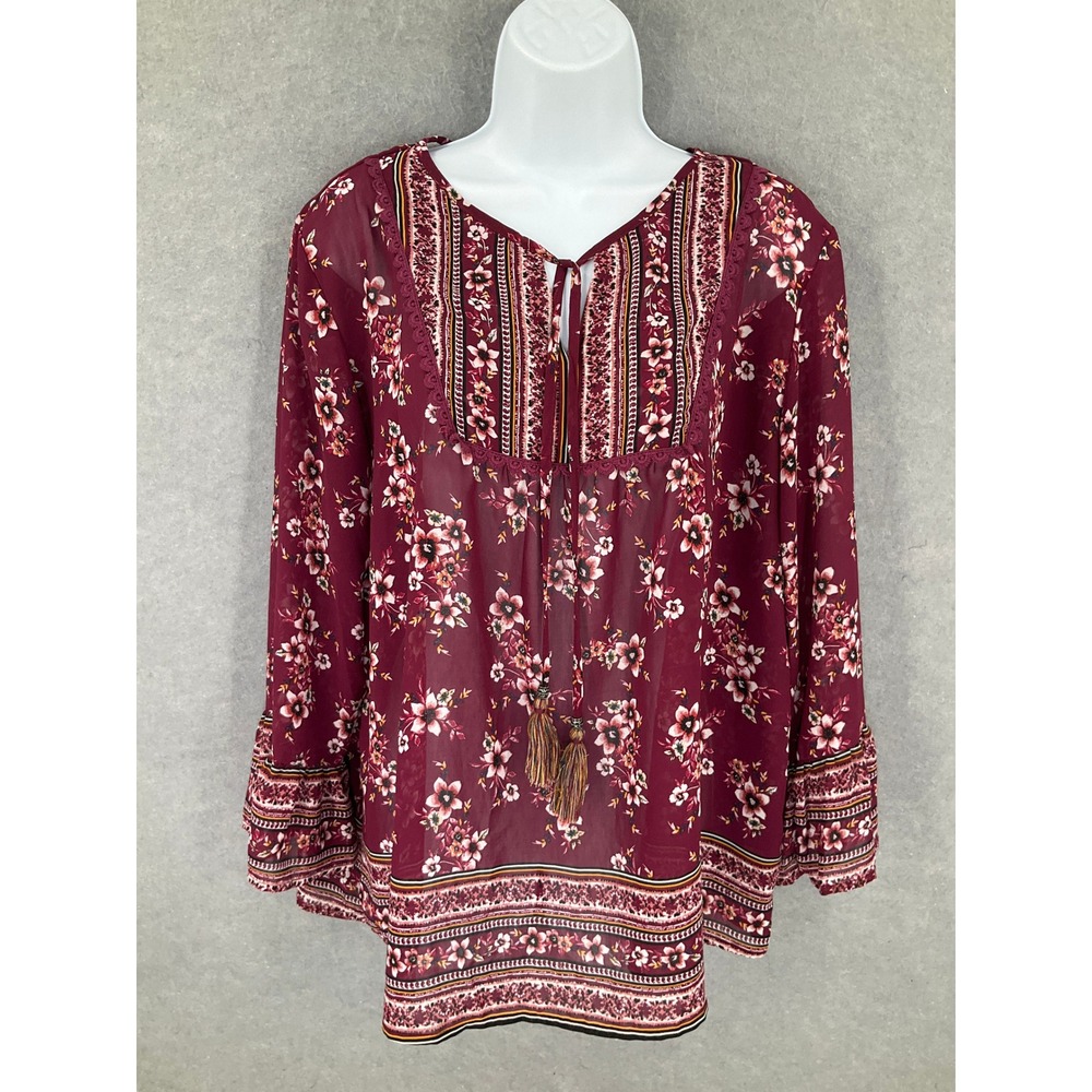 Artesia Floral Burgundy‎ Blouse Women's Size XL Bell Long Sleeve Tassel Sheer